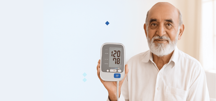 Main banner Old man with Digital Blood pressure monitor by MSP