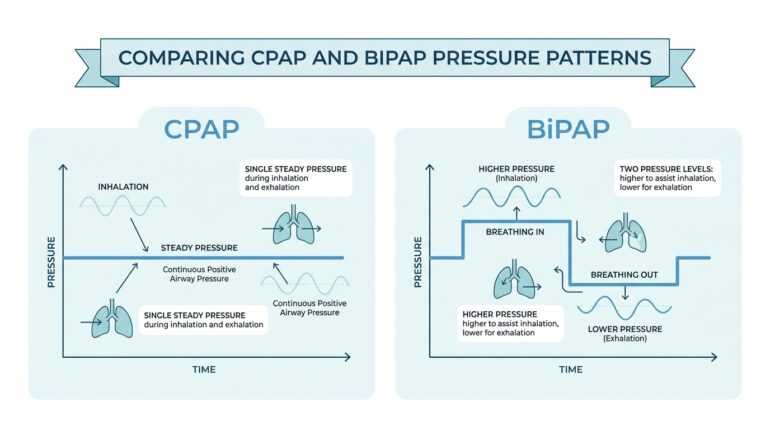 Diagram comparing single CPAP pressure with the two pressures of BiPAP