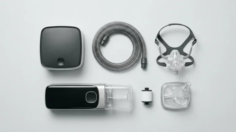 The main parts of a CPAP machine including motor unit, hose, nasal mask, humidifier and filter