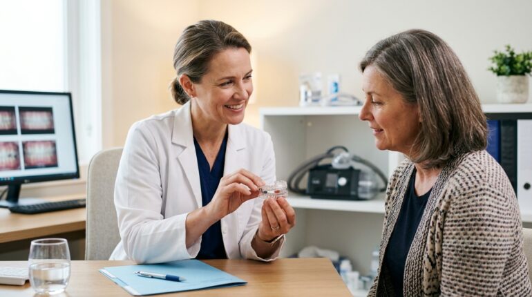 Doctor explaining an oral appliance as a medical alternative to a CPAP machine