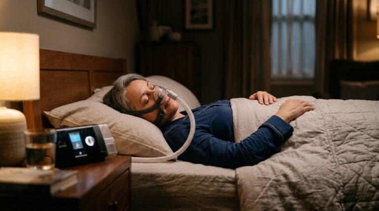 Person sleeping comfortably while using a CPAP mask and machine