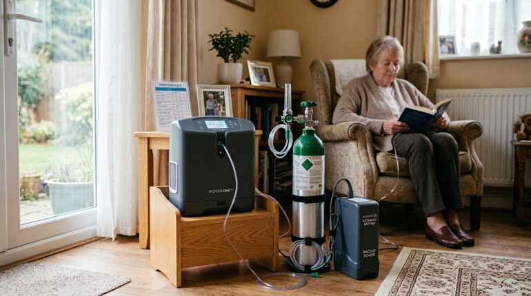Backup battery and oxygen cylinder prepared for power outages during continuous therapy