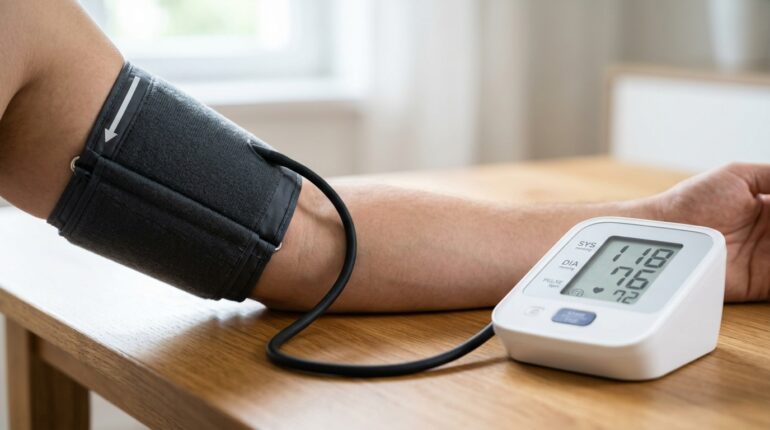 Blood pressure cuff fitted correctly at heart level on a bare arm