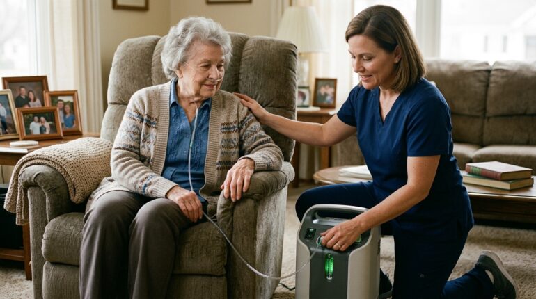 Caregiver checking oxygen concentrator flow rate and cannula for a patient at home