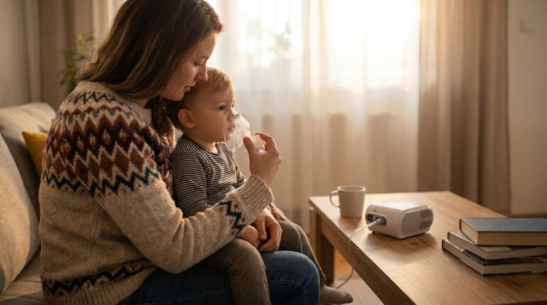 Child using nebulizer machine for home respiratory treatment