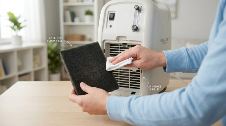 Cleaning the external filter of an oxygen concentrator for continuous use