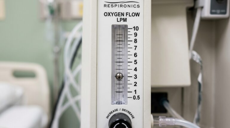 Close up of an oxygen concentrator flow meter showing LPM settings