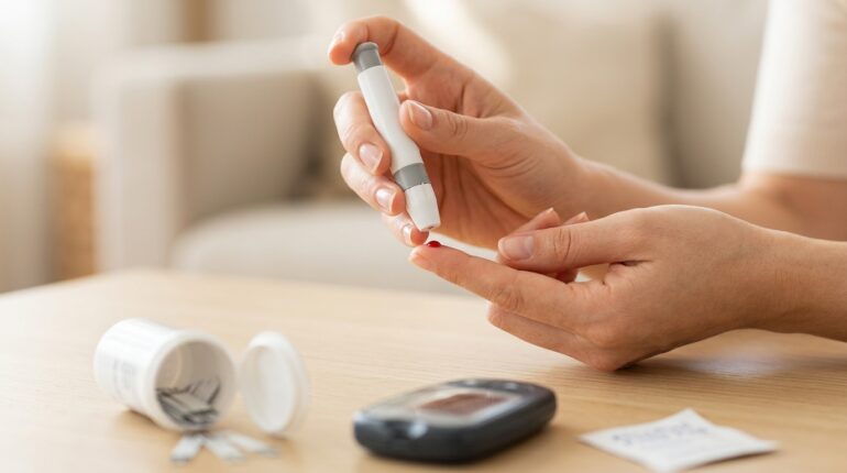 Correct fingertip position for taking a glucometer blood sample