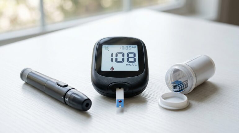 Glucometer displaying a blood sugar reading with test strips and lancing pen