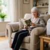 Home oxygen concentrator machine with nasal cannula in a living room setting