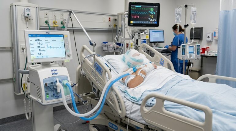 Hospital ICU ventilator machine with monitoring screens beside a bed