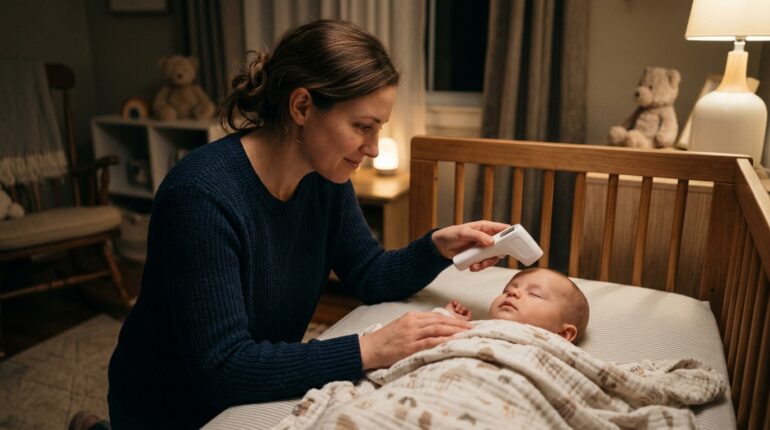 Infrared forehead thermometer used on baby for fever check