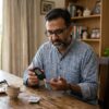 Man checking fasting blood sugar at home with a glucometer