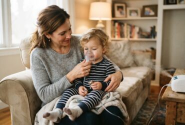Mother giving nebulizer medicine treatment to her child at home