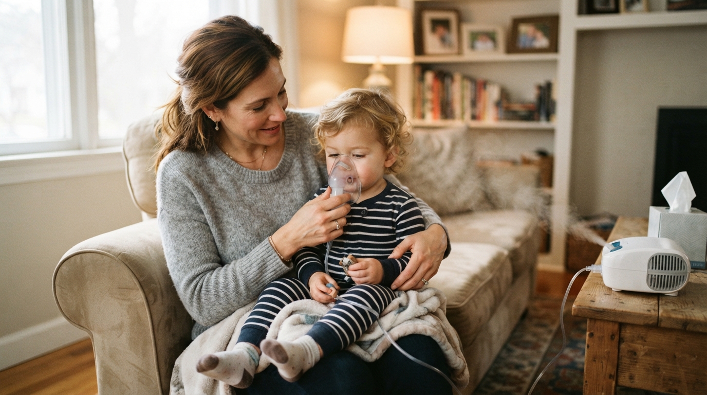 Mother giving nebulizer medicine treatment to her child at home
