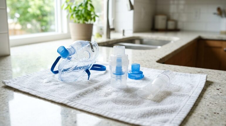 Nebulizer medicine cup and mask air drying on a clean towel after washing