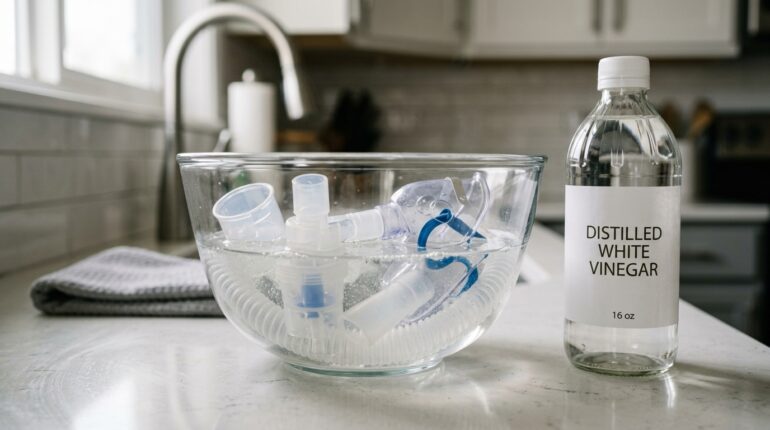 Nebulizer parts soaking in a vinegar and water solution for disinfection