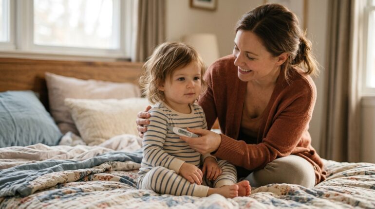 Parent taking a childs temperature using the underarm method