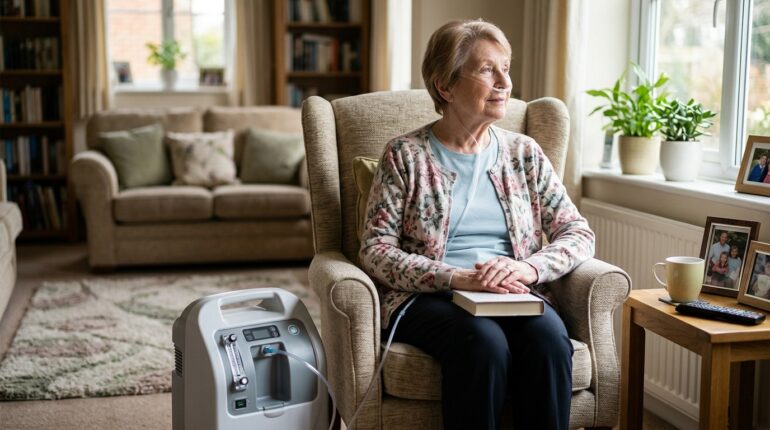 Patient at home using an oxygen concentrator while breathing independently