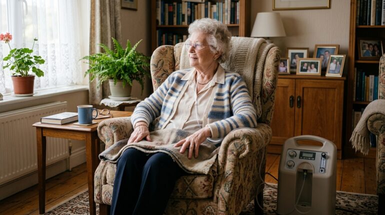 Patient using an oxygen concentrator with nasal cannula at home