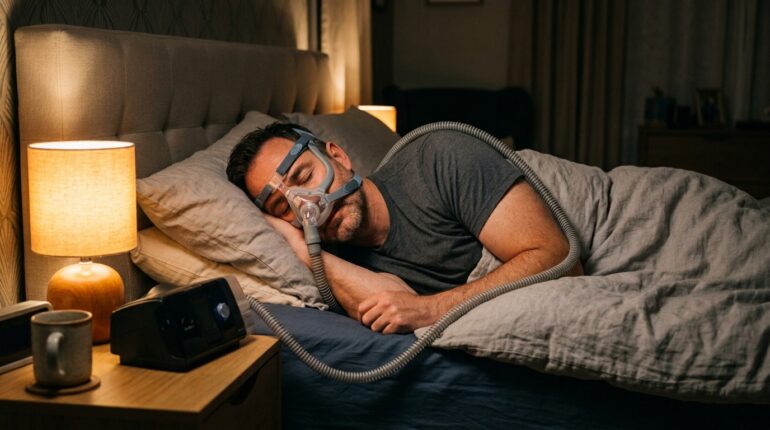 Person sleeping with a CPAP machine for sleep apnea treatment