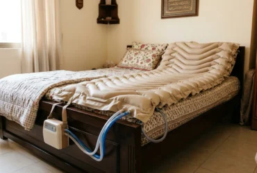 Alternating pressure air mattress set up on a home bed for bed sore prevention