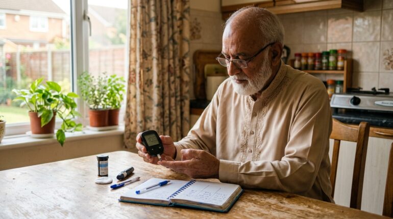 Daily glucometer testing at home alongside a sugar diary