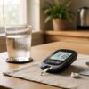 Morning fasting blood sugar test setup at home with a glucometer