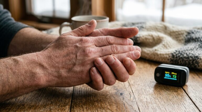 Warming cold hands before retrying a pulse oximeter reading