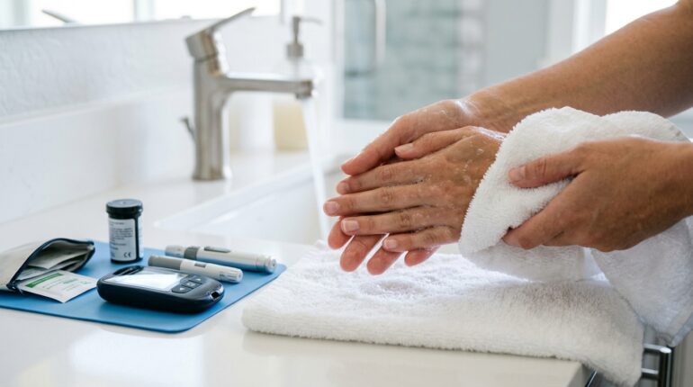 Washing hands before a glucometer test to avoid false readings