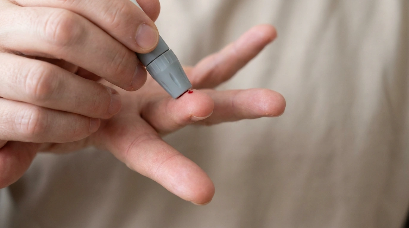 Applying a blood drop to a glucometer strip during a home sugar test