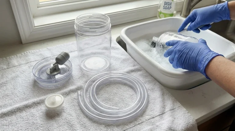 Cleaning the collection jar, tubing and filter of a home suction machine
