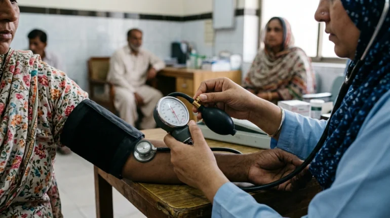 Correct manual blood pressure technique with stethoscope and slow cuff deflation