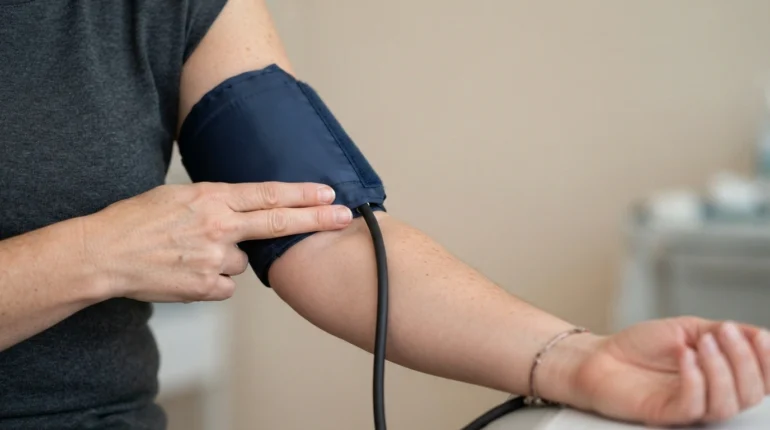 Cuff placed two finger widths above the elbow with the tube running down the inner arm