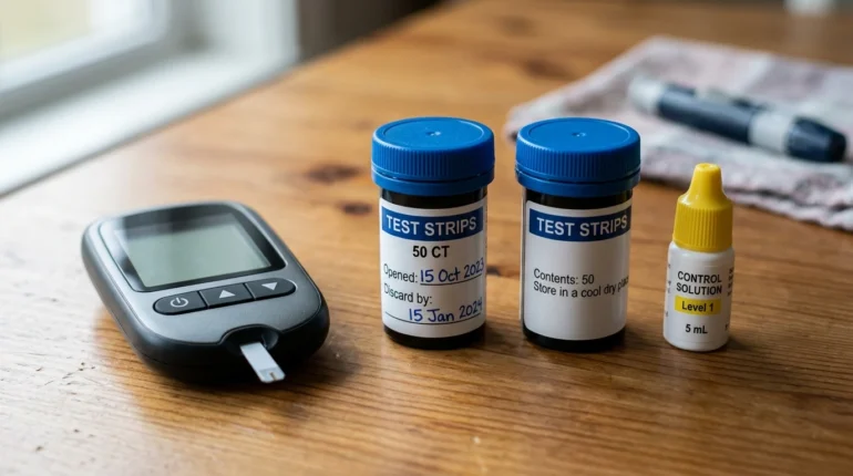 Dated strip vials and control solution used to check whether strips are still accurate