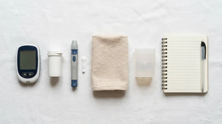 Everything needed for a home glucometer test laid out before starting