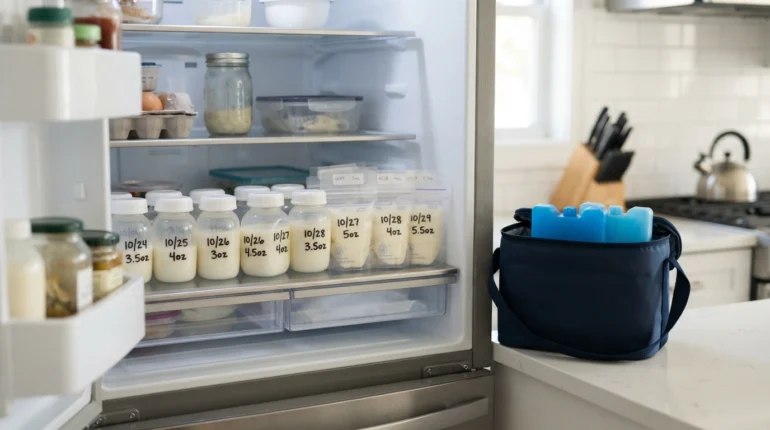 Expressed breast milk stored in dated bottles at the back of the fridge, with an insulated bag for transport