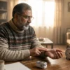 Man checking his resting pulse rate at the wrist at home