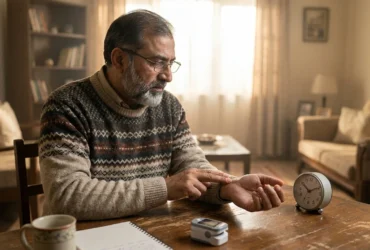 Man checking his resting pulse rate at the wrist at home