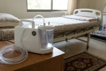 Portable medical suction machine set up beside a patient’s bed at home