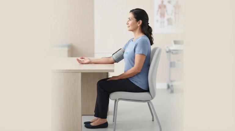 Side view of correct posture showing the cuff at heart level with the arm supported