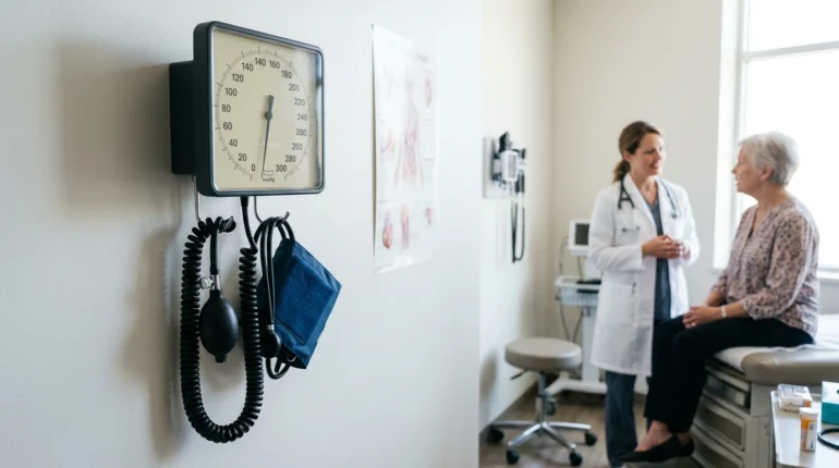 Wall-mounted aneroid sphygmomanometer used as a clinic reference instrument