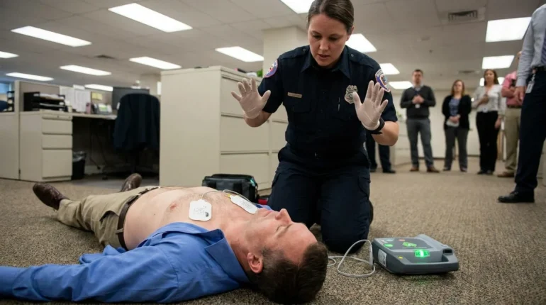 Correct AED pad placement on the chest with everyone standing clear during analysis