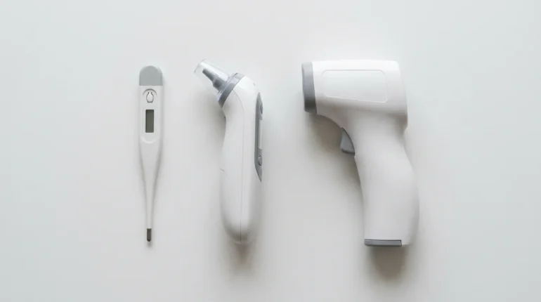 Digital stick, ear and forehead thermometers side by side