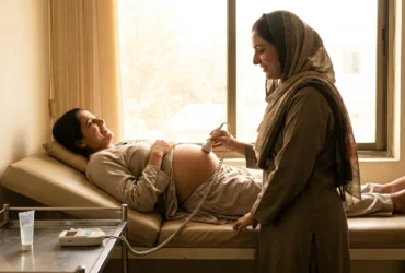 Midwife using a pocket fetal doppler to listen to the baby’s heartbeat