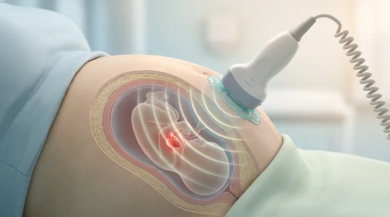 Ultrasound waves from the doppler probe reflecting off the fetal heart